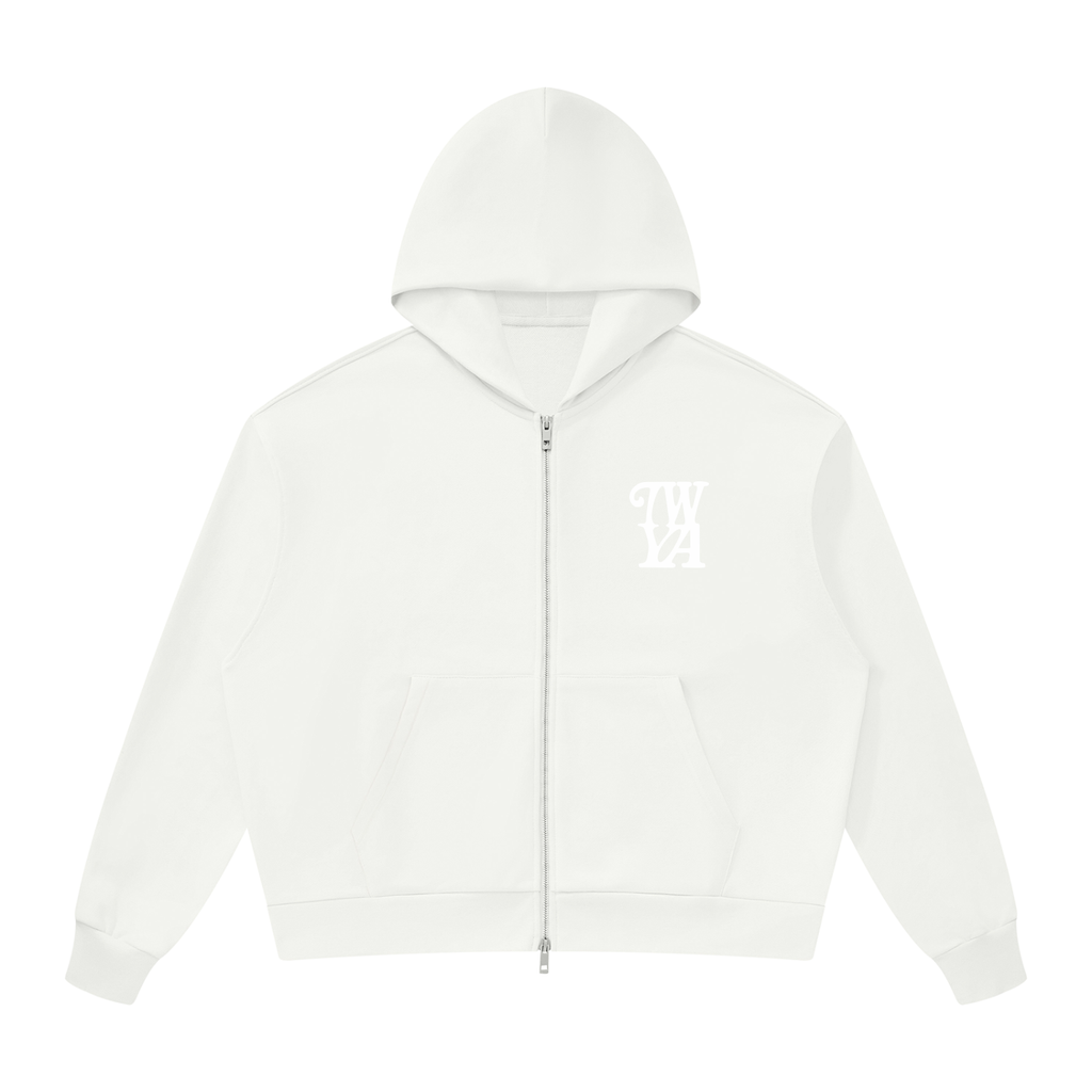 Unisex Drop Shoulder Full white Zip Hoodie | TWYA